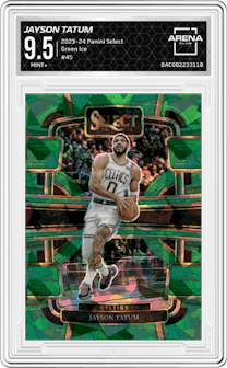 Jayson Tatum from the 2023-24 Panini Select  set featuring a Green Ice parallel graded by Arena Club and given an overall grade of 9.5.