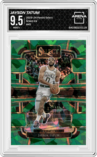 Jayson Tatum from the 2023-24 Panini Select  set featuring a Green Ice parallel graded by Arena Club and given an overall grade of 9.5.