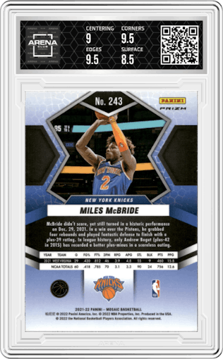 Miles McBride from the 2021-22 Panini Mosaic  set featuring a Gold Wave parallel graded by Arena Club and given an overall grade of 9.