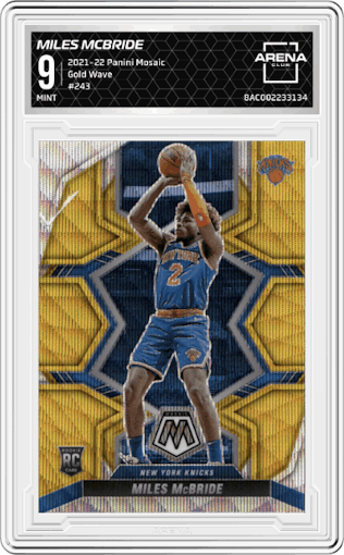 Miles McBride from the 2021-22 Panini Mosaic  set featuring a Gold Wave parallel graded by Arena Club and given an overall grade of 9.