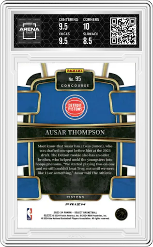 Ausar Thompson from the 2023-24 Panini Select  set featuring a Red Cracked Ice parallel graded by Arena Club and given an overall grade of 9.