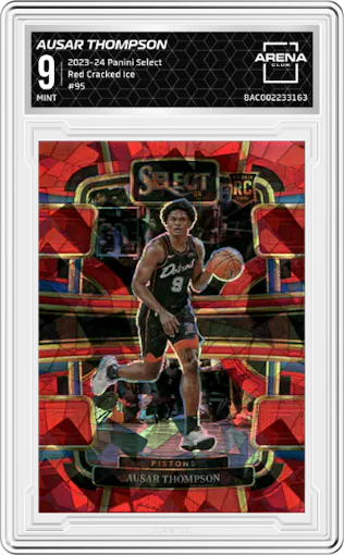 Ausar Thompson from the 2023-24 Panini Select  set featuring a Red Cracked Ice parallel graded by Arena Club and given an overall grade of 9.