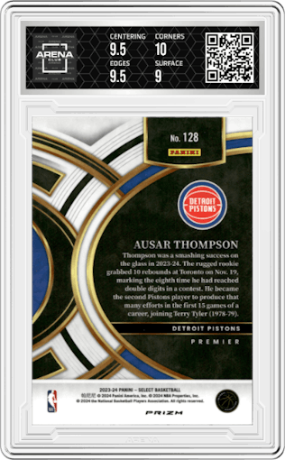 Ausar Thompson from the 2023-24 Panini Select  set featuring a Silver Prizm parallel graded by Arena Club and given an overall grade of 9.5.