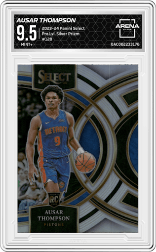 Ausar Thompson from the 2023-24 Panini Select  set featuring a Silver Prizm parallel graded by Arena Club and given an overall grade of 9.5.