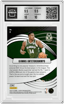 Giannis Antetokounmpo from the 2023-24 Panini Revolution set featuring a Cosmic parallel graded by Arena Club and given an overall grade of 10.