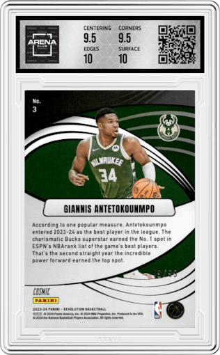 Giannis Antetokounmpo from the 2023-24 Panini Revolution set featuring a Cosmic parallel graded by Arena Club and given an overall grade of 10.