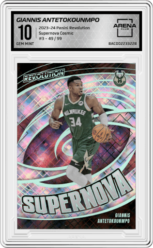 Giannis Antetokounmpo from the 2023-24 Panini Revolution set featuring a Cosmic parallel graded by Arena Club and given an overall grade of 10.