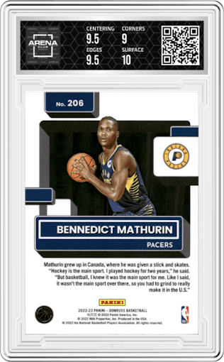 Bennedict Mathurin from the 2022-23 Panini Donruss set featuring a Green Holo Laser parallel graded by Arena Club and given an overall grade of 9.5.