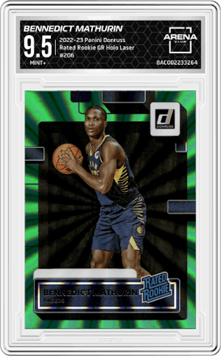 Bennedict Mathurin from the 2022-23 Panini Donruss set featuring a Green Holo Laser parallel graded by Arena Club and given an overall grade of 9.5.