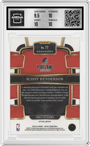 Scoot Henderson from the 2023-24 Panini Select  set featuring a Silver Prizm parallel graded by Arena Club and given an overall grade of 10.