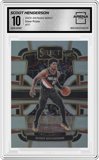 Scoot Henderson from the 2023-24 Panini Select  set featuring a Silver Prizm parallel graded by Arena Club and given an overall grade of 10.