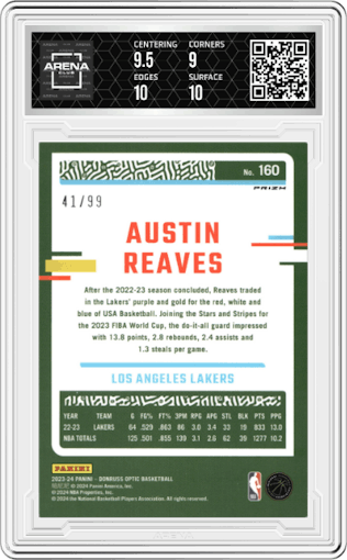 Austin Reaves from the 2023-24 Donruss Optic set featuring a Copper Glitter parallel graded by Arena Club and given an overall grade of 9.5.