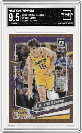 Austin Reaves from the 2023-24 Donruss Optic set featuring a Copper Glitter parallel graded by Arena Club and given an overall grade of 9.5.