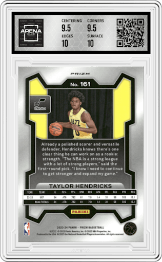 Taylor Hendricks from the 2023-24 Panini Prizm set featuring a Orange Ice parallel graded by Arena Club and given an overall grade of 10.