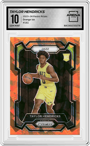 Taylor Hendricks from the 2023-24 Panini Prizm set featuring a Orange Ice parallel graded by Arena Club and given an overall grade of 10.