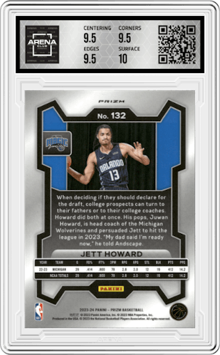 Jett Howard from the 2023-24 Panini Prizm set featuring a Ice Prizm parallel graded by Arena Club and given an overall grade of 10.