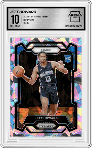 Jett Howard from the 2023-24 Panini Prizm set featuring a Ice Prizm parallel graded by Arena Club and given an overall grade of 10.