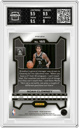 Noah Clowney from the 2023-24 Panini Prizm set featuring a Ice Prizm parallel graded by Arena Club and given an overall grade of 9.5.