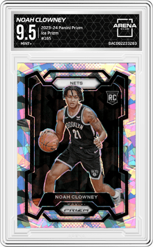 Noah Clowney from the 2023-24 Panini Prizm set featuring a Ice Prizm parallel graded by Arena Club and given an overall grade of 9.5.