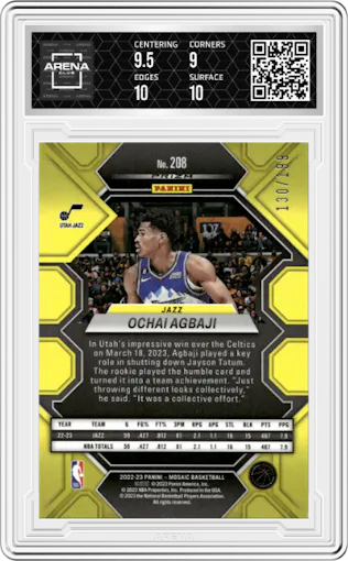 Ochai Agbaji  from the 2022-23 Panini Mosaic set featuring a Blue Mosaic parallel graded by Arena Club and given an overall grade of 9.5.