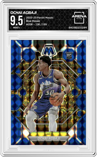 Ochai Agbaji  from the 2022-23 Panini Mosaic set featuring a Blue Mosaic parallel graded by Arena Club and given an overall grade of 9.5.