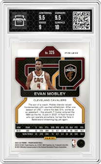 Evan Mobley from the 2021-22 Panini Prizm  set featuring a Ice Prizm parallel graded by Arena Club and given an overall grade of 9.5.