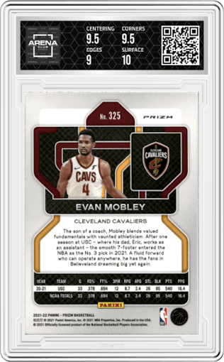 Evan Mobley from the 2021-22 Panini Prizm  set featuring a Ice Prizm parallel graded by Arena Club and given an overall grade of 9.5.