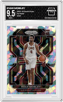 Evan Mobley from the 2021-22 Panini Prizm  set featuring a Ice Prizm parallel graded by Arena Club and given an overall grade of 9.5.