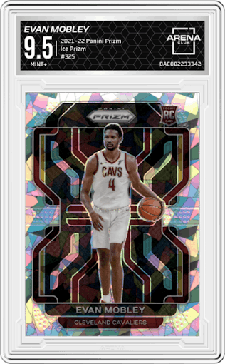 Evan Mobley from the 2021-22 Panini Prizm  set featuring a Ice Prizm parallel graded by Arena Club and given an overall grade of 9.5.