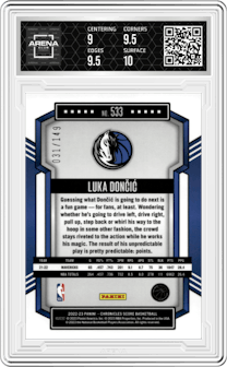 Luka Doncic from the 2022-23 Panini Chronicles  set featuring a Red parallel graded by Arena Club and given an overall grade of 9.5.