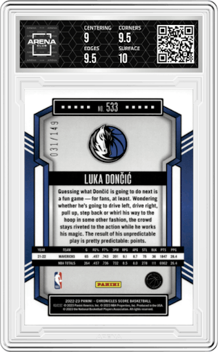 Luka Doncic from the 2022-23 Panini Chronicles  set featuring a Red parallel graded by Arena Club and given an overall grade of 9.5.