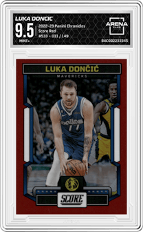 Luka Doncic from the 2022-23 Panini Chronicles  set featuring a Red parallel graded by Arena Club and given an overall grade of 9.5.
