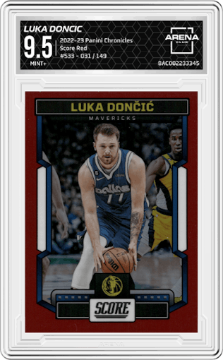 Luka Doncic from the 2022-23 Panini Chronicles  set featuring a Red parallel graded by Arena Club and given an overall grade of 9.5.