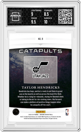 Taylor Hendricks from the 2023-24 Panini Origins set featuring a Pink parallel graded by Arena Club and given an overall grade of 9.