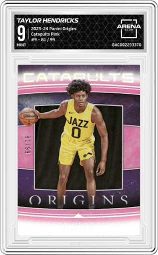 Taylor Hendricks from the 2023-24 Panini Origins set featuring a Pink parallel graded by Arena Club and given an overall grade of 9.
