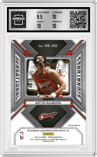 Artis Gilmore from the 2023-24 Panini Prizm set featuring a Silver Prizm parallel graded by Arena Club and given an overall grade of 10.
