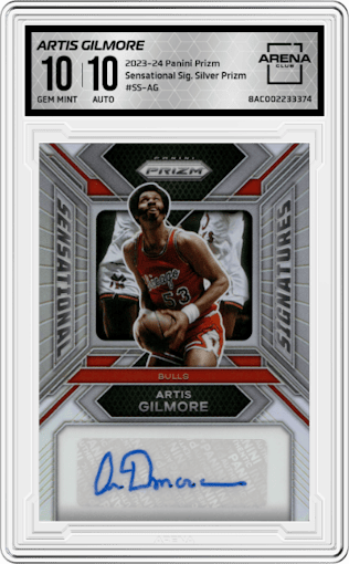 Artis Gilmore from the 2023-24 Panini Prizm set featuring a Silver Prizm parallel graded by Arena Club and given an overall grade of 10.