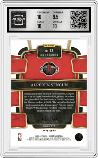 Alperen Sengun from the 2023-24 Panini Select  set featuring a Blue Scope parallel graded by Arena Club and given an overall grade of 10.