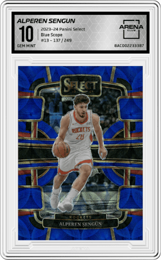 Alperen Sengun from the 2023-24 Panini Select  set featuring a Blue Scope parallel graded by Arena Club and given an overall grade of 10.
