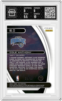Cole Anthony from the 2020-21 Panini Flux set featuring a Silver Purple Scope FOTL parallel graded by Arena Club and given an overall grade of 8.5.