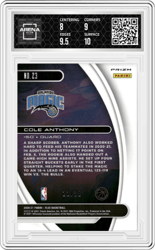 Cole Anthony from the 2020-21 Panini Flux set featuring a Silver Purple Scope FOTL parallel graded by Arena Club and given an overall grade of 8.5.