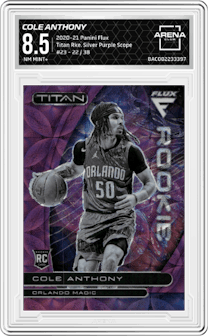 Cole Anthony from the 2020-21 Panini Flux set featuring a Silver Purple Scope FOTL parallel graded by Arena Club and given an overall grade of 8.5.