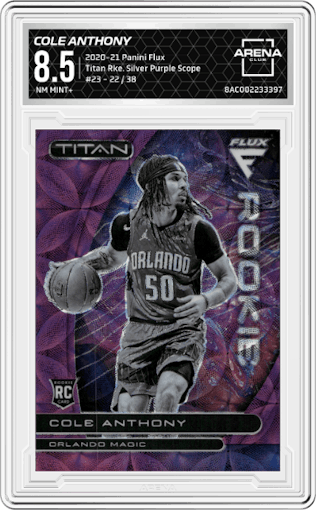 Cole Anthony from the 2020-21 Panini Flux set featuring a Silver Purple Scope FOTL parallel graded by Arena Club and given an overall grade of 8.5.