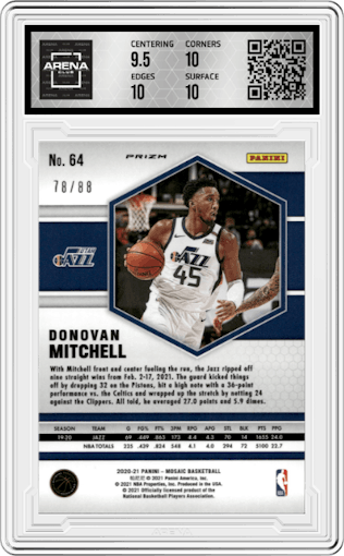 Donovan Mitchell from the 2020-21 Panini Mosaic set featuring a Choice Fusion Red & Yellow  parallel graded by Arena Club and given an overall grade of 10.