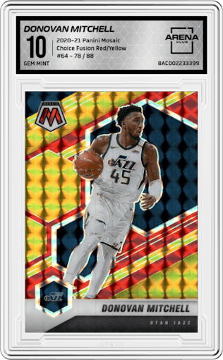 Donovan Mitchell from the 2020-21 Panini Mosaic set featuring a Choice Fusion Red & Yellow  parallel graded by Arena Club and given an overall grade of 10.