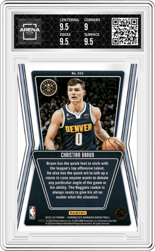 Christian Braun from the 2022-23 Panini Chronicles  set featuring a Red parallel graded by Arena Club and given an overall grade of 9.5.