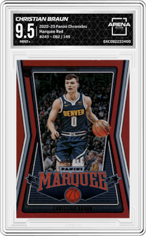 Christian Braun from the 2022-23 Panini Chronicles  set featuring a Red parallel graded by Arena Club and given an overall grade of 9.5.