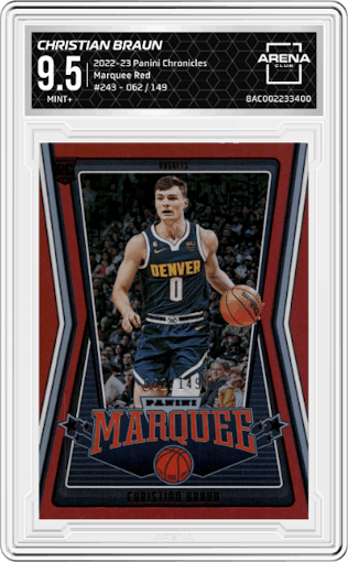 Christian Braun from the 2022-23 Panini Chronicles  set featuring a Red parallel graded by Arena Club and given an overall grade of 9.5.