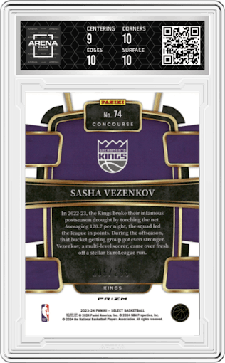Sasha Vezenkov from the 2023-24 Panini Select  set featuring a Light Blue Prizm parallel graded by Arena Club and given an overall grade of 9.5.