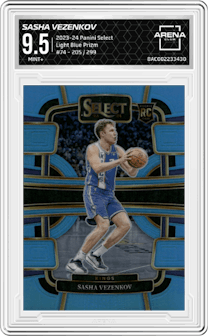 Sasha Vezenkov from the 2023-24 Panini Select  set featuring a Light Blue Prizm parallel graded by Arena Club and given an overall grade of 9.5.